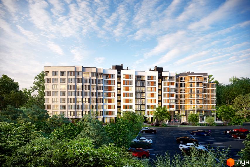 Житловий комплекс Royal Park - це сучасна новобудова з багатою зеленою територією та парковкою для мешканців. Зовнішній вигляд будівлі вражає своєю архітектурою та великою кількістю вікон.