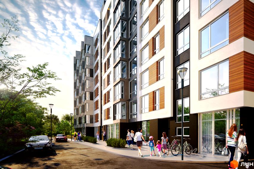 Житловий комплекс Royal Park – багатоповерховий будинок з фасадом білого, сірого та дерев'яного кольору, великими вікнами. Поруч дорога, припарковані авто та зелена зона.