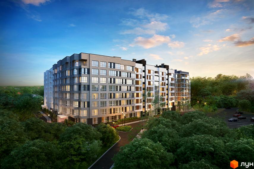 Житловий комплекс Royal Park – багатоповерхова новобудова з великою кількістю вікон, оточена деревами. На території є парковка та доглянута прибудинкова територія.