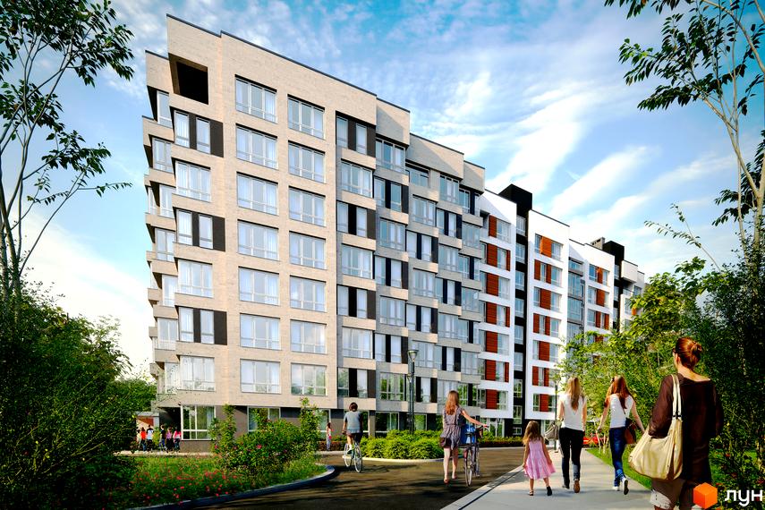 Зовнішній вигляд житлового комплексу Royal Park з фасадами з світлої цегли та великими вікнами. На прибудинковій території зелені насадження та люди, що прогулюються.