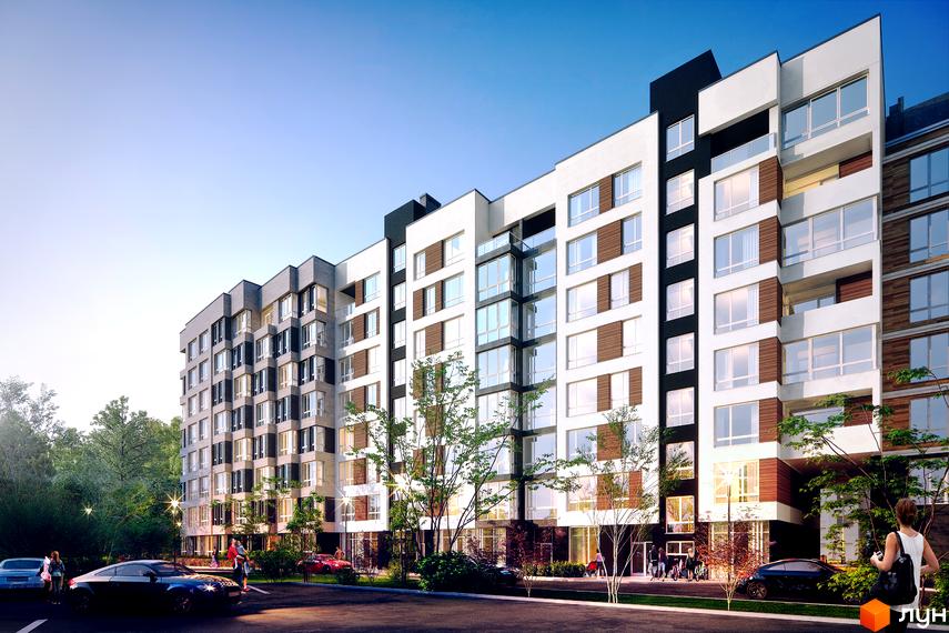 Житловий комплекс Royal Park - багатоповерхова новобудова з панорамними вікнами та дерев'яними елементами фасаду. Прибудинкова територія з деревами та автомобілями.