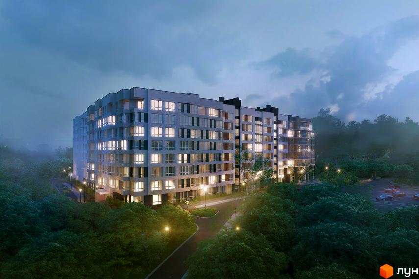 Житловий комплекс Royal Park – багатоповерховий будинок з великою кількістю вікон, оточений деревами. Прибудинкова територія освітлена ліхтарями, є парковка.