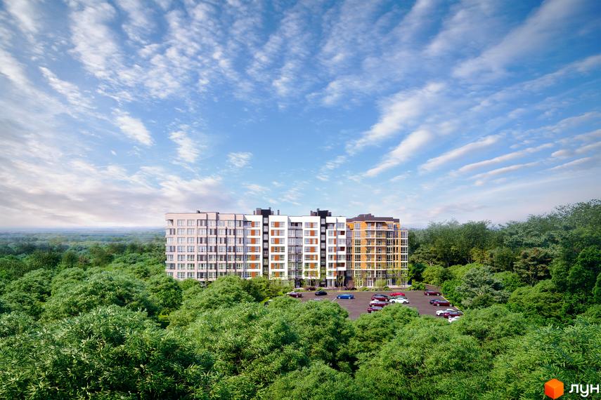 Новобудова Royal Park серед зелених дерев. Багатоповерховий будинок з різнокольоровими фасадами та парковкою біля нього.