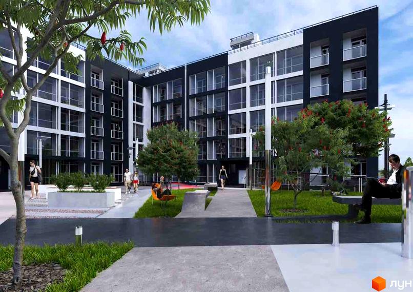 Житловий комплекс Щаслива Сім'я з чорно-білими фасадами та великими вікнами, зеленою прибудинковою територією та місцями для відпочинку.