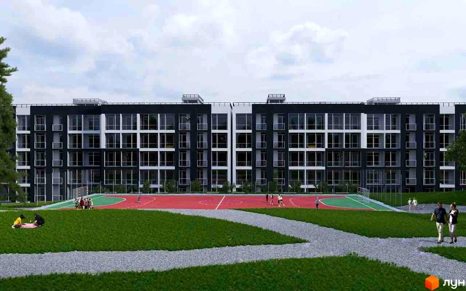 Житловий комплекс Щаслива Сім'я з фасадом з темних панелей та великими вікнами, поруч спортивний майданчик та зелена зона для відпочинку.