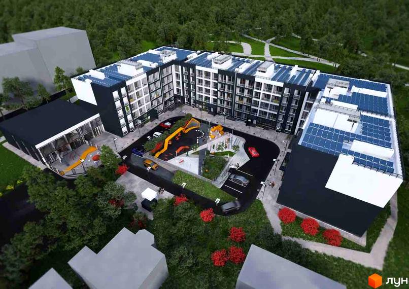 Зовнішній вигляд житлового комплексу Щаслива Сім'я з сонячними панелями на даху та дитячим майданчиком на прибудинковій території.