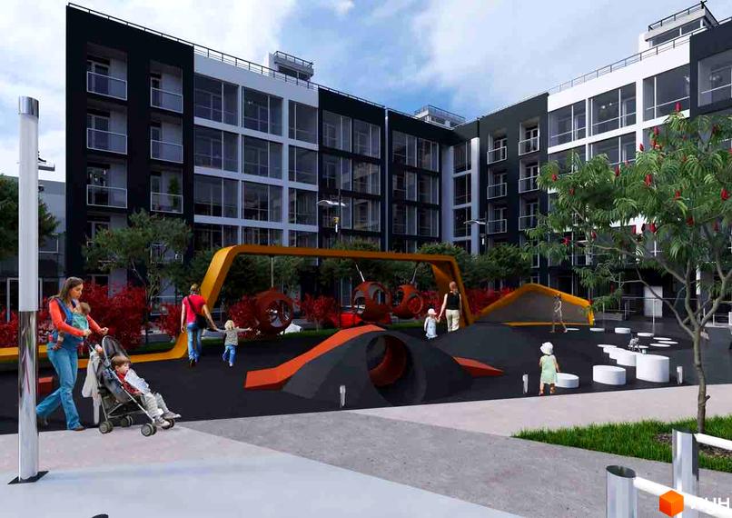 Житловий комплекс Щаслива Сім'я: фасади будівель з панорамними вікнами та дитячий майданчик з гірками та гойдалками.