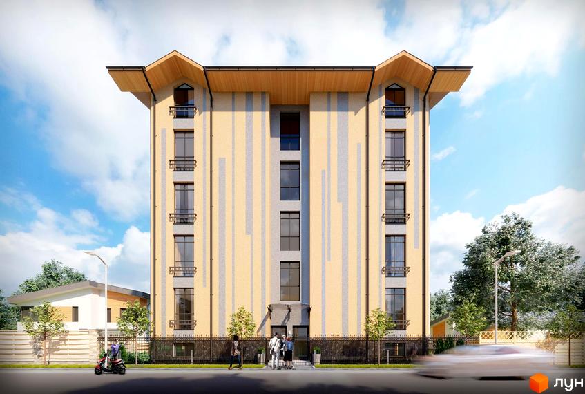 Зовнішній вигляд житлового комплексу Joy Of Life з жовто-сірим фасадом та дерев'яним оздобленням даху. Навколо будинку розташована прибудинкова територія з деревами та парканом.