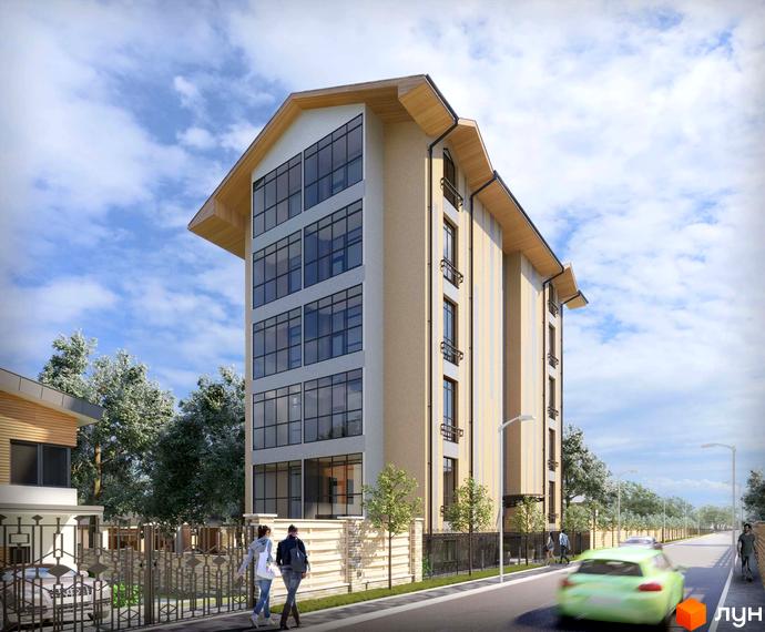 Зовнішній вигляд житлового комплексу Joy Of Life з багатоповерховими будинками та прибудинковою територією з парканом та деревами.