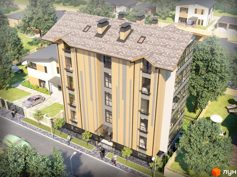 Житловий комплекс Joy Of Life - це багатоповерхова новобудова з жовто-сірим фасадом та панорамним склінням. Територія навколо будинку упорядкована, з доглянутими газонами та деревами.