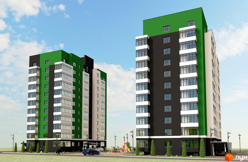 Зовнішній вигляд житлового комплексу Київський з зеленими та сірими фасадами, великими вікнами та прибудинковою територією з дитячим майданчиком.