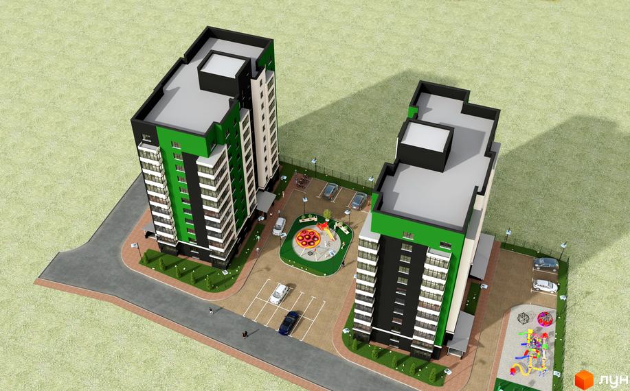 Зовнішній вигляд новобудов ЖК Київський з зеленими фасадами та сучасними балконами. На прибудинковій території розташовані дитячий майданчик та парковка.