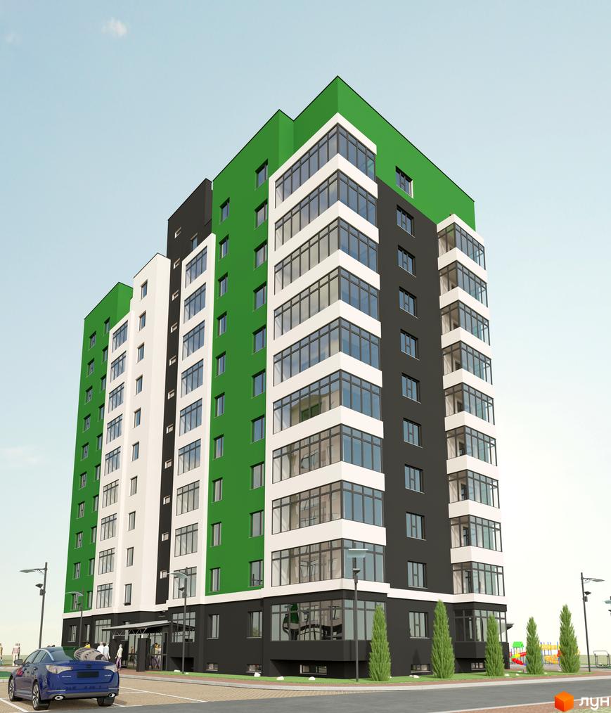 Житловий комплекс Київський – це багатоповерхова новобудова з яскравим фасадом у зелених та сірих тонах, великими панорамними вікнами та доглянутою прибудинковою територією з дитячим майданчиком.