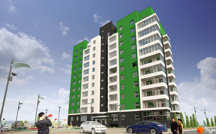 Житловий комплекс Київський - це багатоповерхова новобудова з яскравим фасадом у зелених та білих тонах. На прибудинковій території розташований дитячий майданчик та місця для паркування.