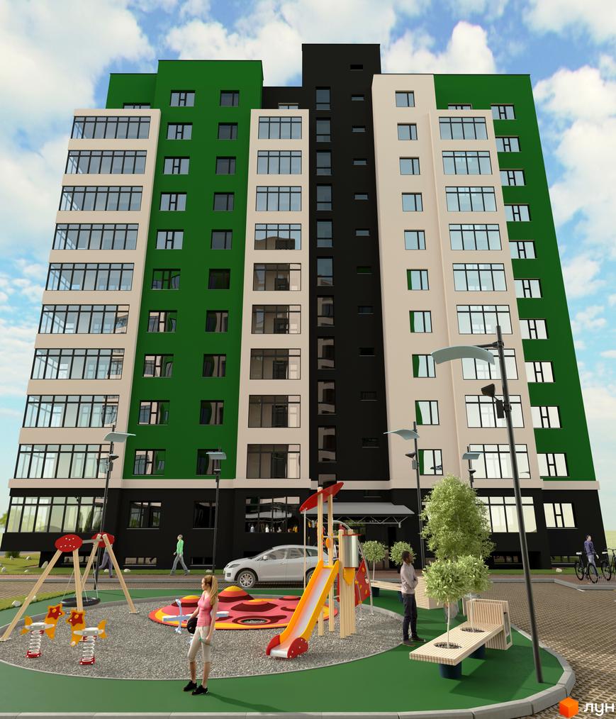 Зовнішній вигляд новобудови ЖК Київський з фасадами зеленого, білого та чорного кольорів. На прибудинковій території розташований дитячий майданчик та місця для відпочинку.