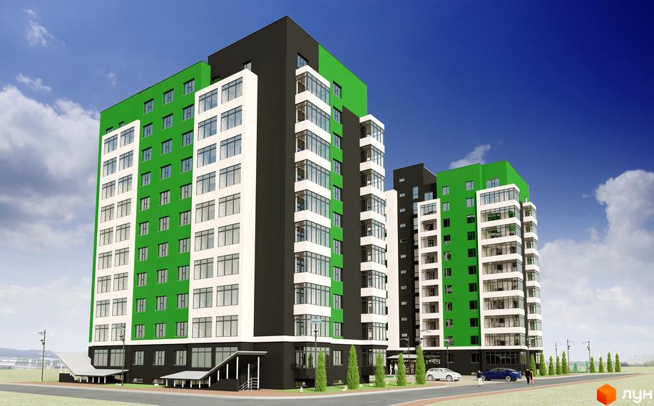 Зовнішній вигляд новобудови ЖК Київський з білими та зеленими фасадами, великими вікнами та заскленими балконами. Прибудинкова територія з деревами та автомобілями.