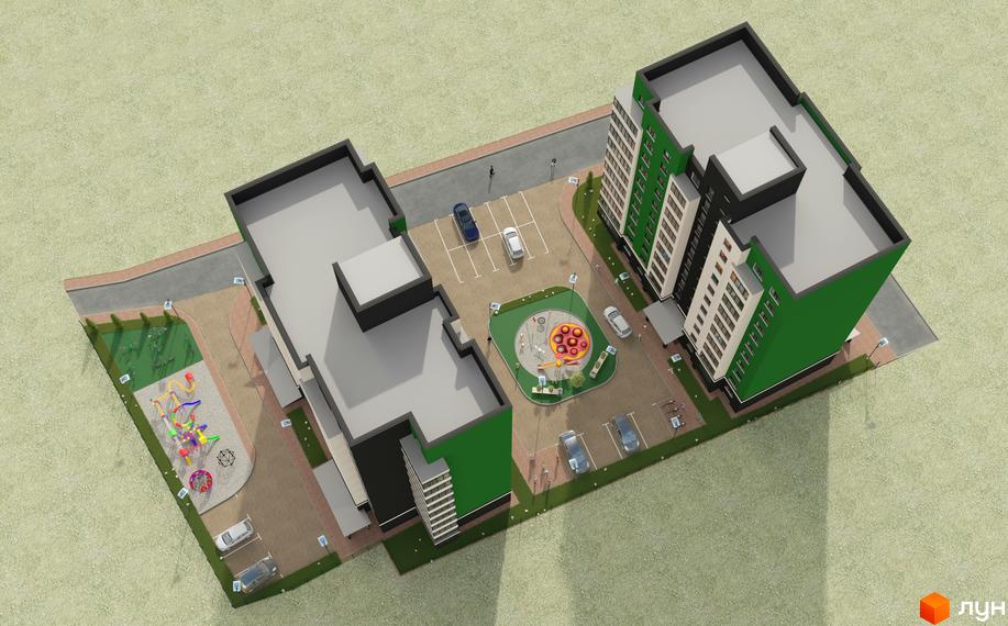 Комплекс Київський: вид зверху на зелені корпуси з сірими дахами та прибудинкову територію з дитячим майданчиком та парковкою.