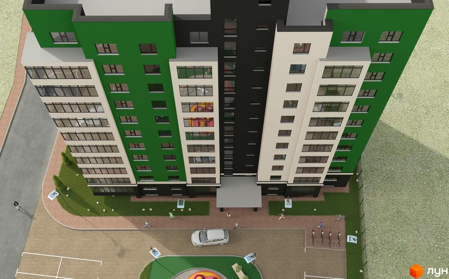 Зовнішній вигляд новобудови ЖК Київський з зеленими та білими фасадами та прибудинковою територією з дитячим майданчиком та парковкою.