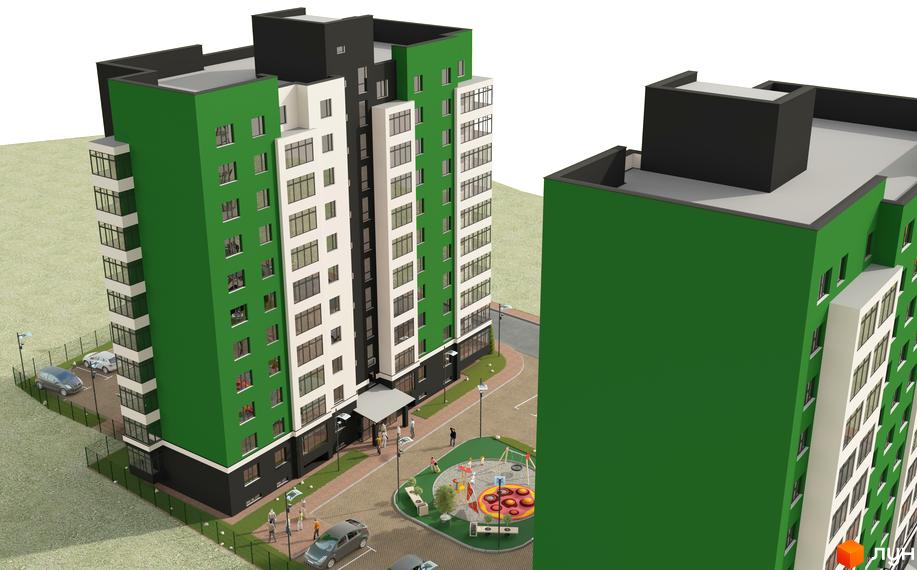 Зовнішній вигляд житлового комплексу Київський з зеленими фасадами та прибудинковою територією з дитячим майданчиком. Фото новобудови.