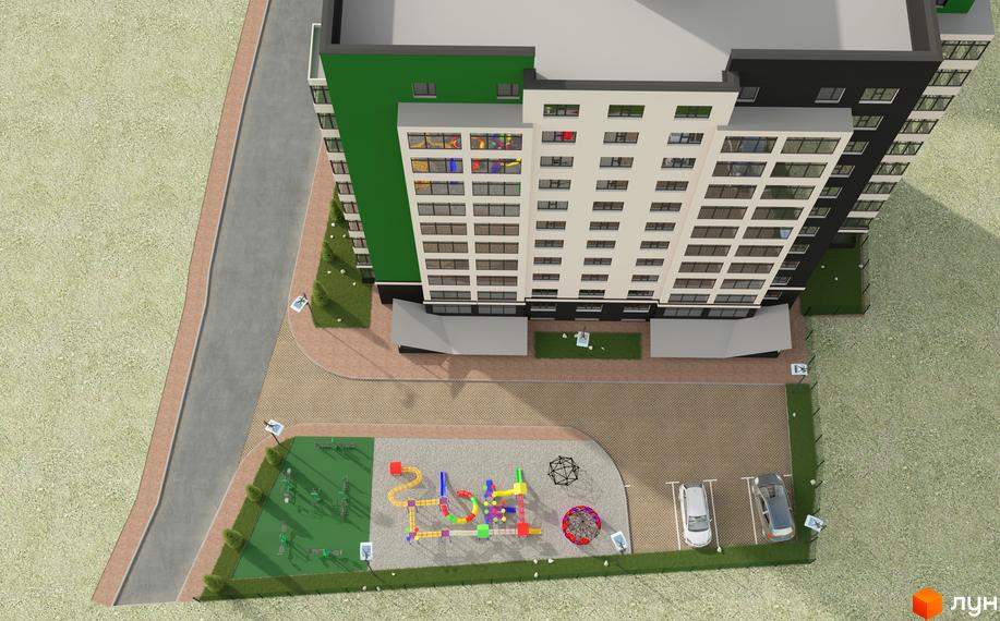 Житловий комплекс Київський з яскравим дитячим майданчиком та спортивними тренажерами. На території є парковка та зелені зони.