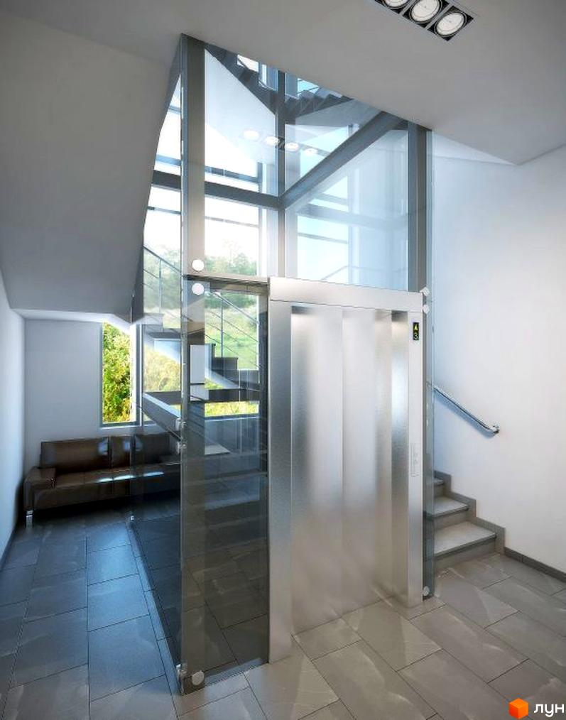 Клубний будинок New York: сучасний скляний ліфт та сходи в інтер'єрі з коричневим диваном та великими вікнами з видом на зелень.