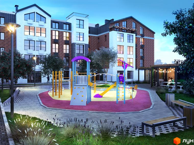 Житловий комплекс Чайка Люкс з дитячим майданчиком та ландшафтним дизайном. Архітектура будинку з білими та цегляними фасадами.