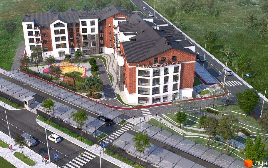 Зображення сторінки ЖК Чайка Люкс. Багатоквартирний будинок з червоної цегли та білого кольору з великими вікнами, поруч дитячий майданчик та парковка.