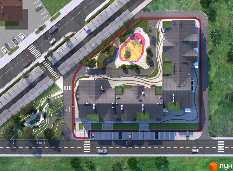 Вид зверху на житловий комплекс Чайка Люкс з дитячим майданчиком та парковкою. Будинки мають сірі дахи та зелені елементи на дахах.