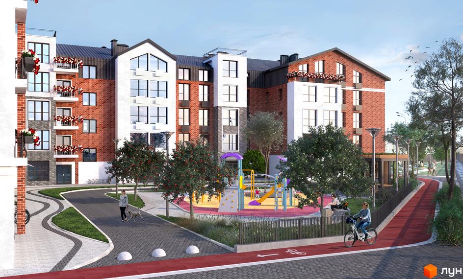 Житловий комплекс Чайка Люкс. Фасад будинку з цегляним оздобленням, балконами з квітами та дитячим майданчиком на прибудинковій території.