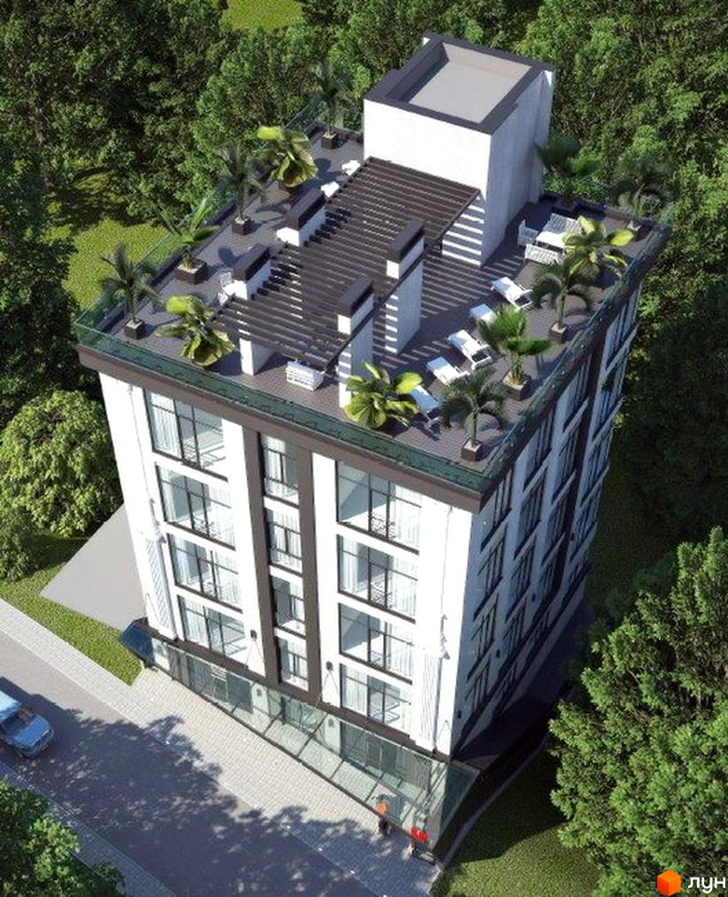 Клубний будинок New York з терасою на даху та зеленими насадженнями. Сучасна архітектура будівлі, панорамні вікна та доглянута прибудинкова територія з деревами.