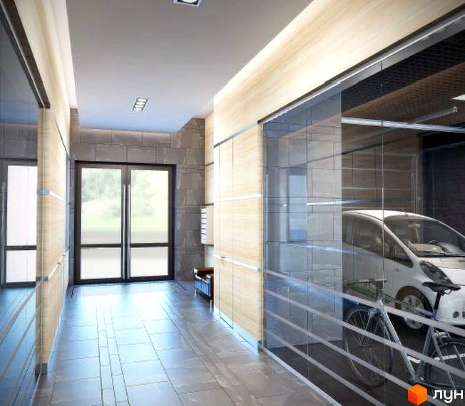 Клубний будинок New York: сучасний хол з дверима та вікнами, що виходять назовні, та парковкою з автомобілем і велосипедом.