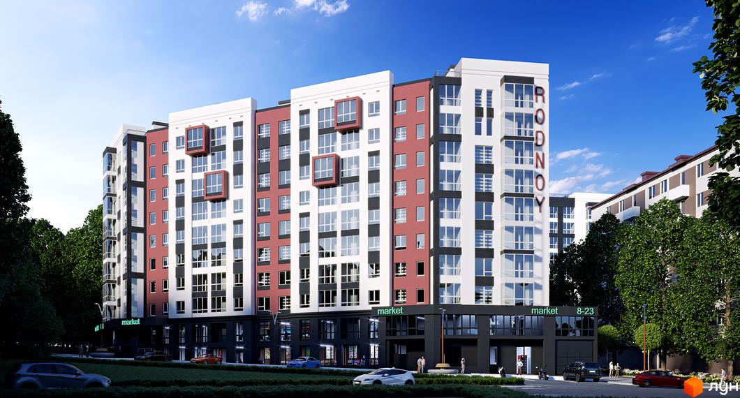 Зовнішній вигляд новобудови ЖК Рідний з червоними та сірими елементами фасаду та великою кількістю вікон. Прибудинкова територія з деревами та автомобілями.