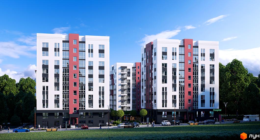 Житловий комплекс Рідний - це три багатоповерхові будинки білого та червоного кольору з великою кількістю вікон, розташовані на фоні зелених дерев та блакитного неба.