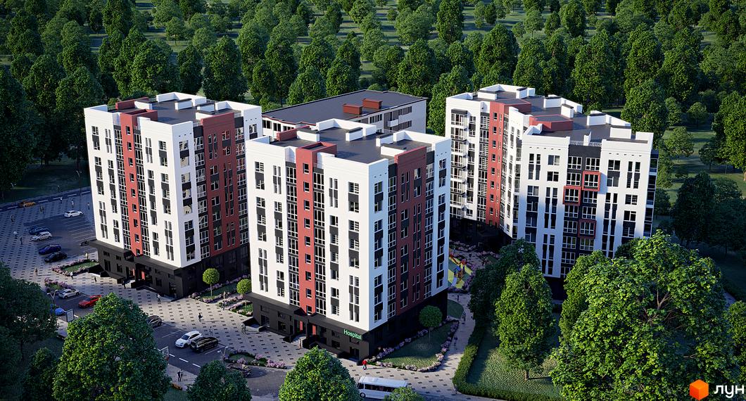 Житловий комплекс Рідний - це сучасні багатоповерхові будинки з червоними та білими фасадами, розташовані серед зелених дерев. Навколо комплексу облаштована прибудинкова територія з парковкою та зонами відпочинку.