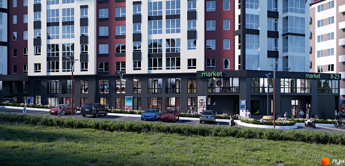 Зовнішній вигляд новобудови ЖК Рідний з магазином на першому поверсі та парковкою. Прибудинкова територія з зеленою зоною та автомобілями.