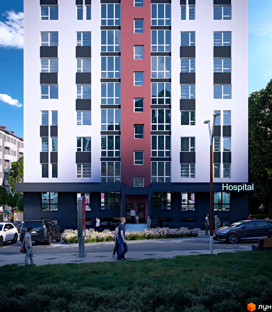 Зовнішній вигляд новобудови ЖК Рідний з червоною вставкою та великими вікнами. Навколо будинку розташована прибудинкова територія з деревами та людьми.