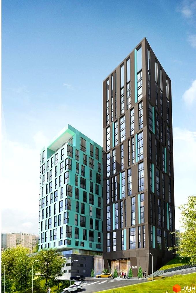 Зовнішній вигляд житлового комплексу Стиль з двома висотними будівлями, одна з яких має бірюзове оздоблення фасаду. Навколо комплексу зелена зона з деревами та дорогою.