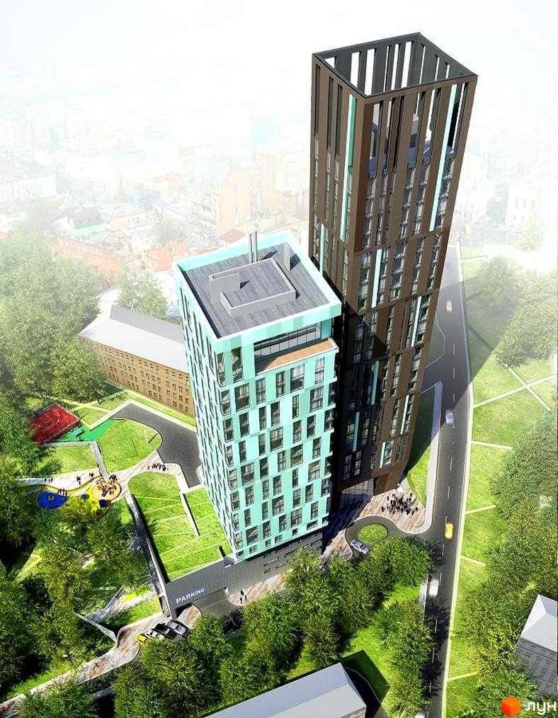 Зовнішній вигляд новобудови ЖК Стиль з бірюзовим фасадом та коричневою вежею. Прибудинкова територія з зеленими зонами, дитячим майданчиком та паркінгом.