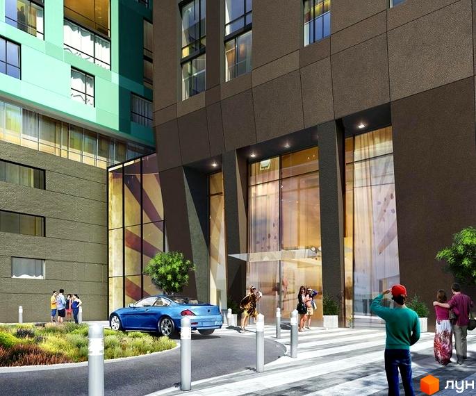 Новобудова Стиль з фасадом з темних панелей та зеленою секцією. Перед будинком розташована дорога з машиною та зелена зона з людьми.