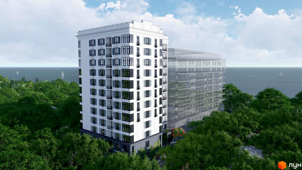 Житловий комплекс Otrada Sky - сучасна архітектура з панорамними вікнами та балконами, оточений зеленню та з видом на море.