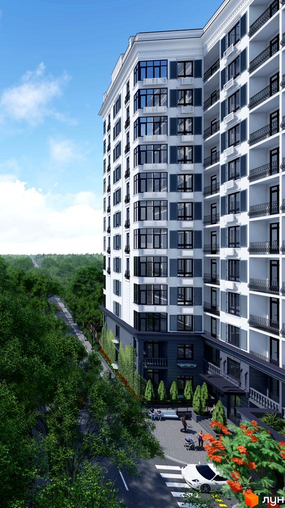 Житловий комплекс Otrada Sky з білою фасадною частиною та численними балконами, що виходить на зелену зону з доглянутими деревами та пішохідними доріжками.
