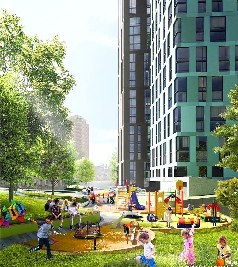 Житловий комплекс Стиль з зеленим фасадом та дитячим майданчиком. На території граються діти, є гірки, гойдалки та каруселі.