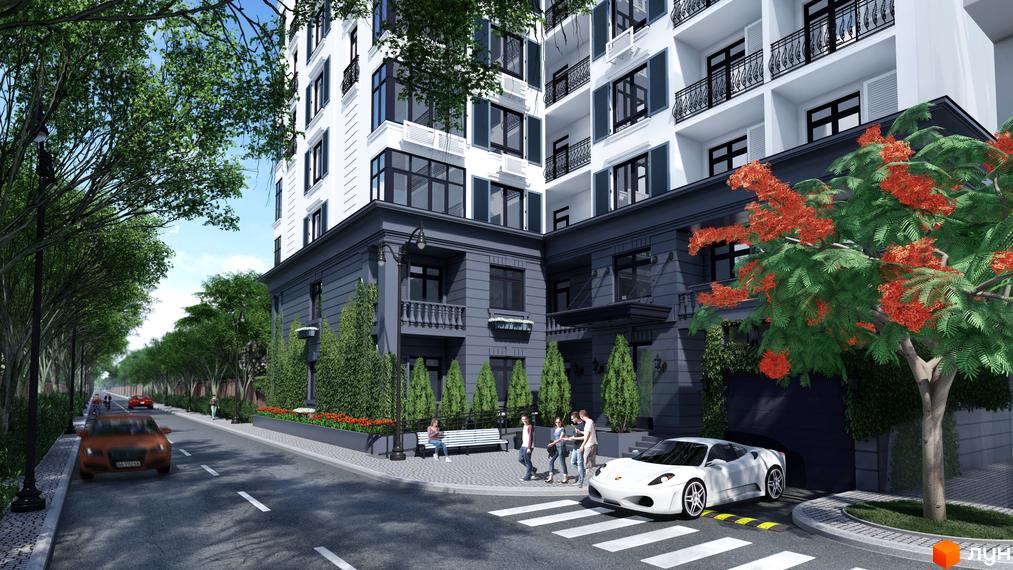 Зовнішній вигляд новобудови Otrada Sky з білою фасадною частиною та темною нижньою секцією, прибудинкова територія з деревами та автомобілями.