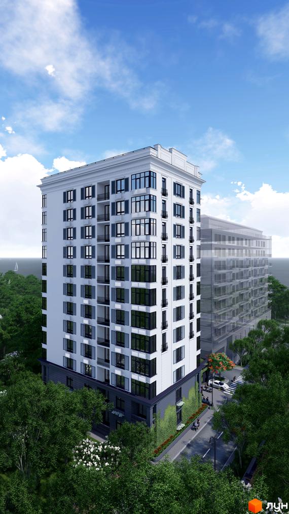 Житловий комплекс Otrada Sky - біла багатоповерхова будівля з балконами та великими вікнами, оточена зеленню та дорогою з автомобілем.