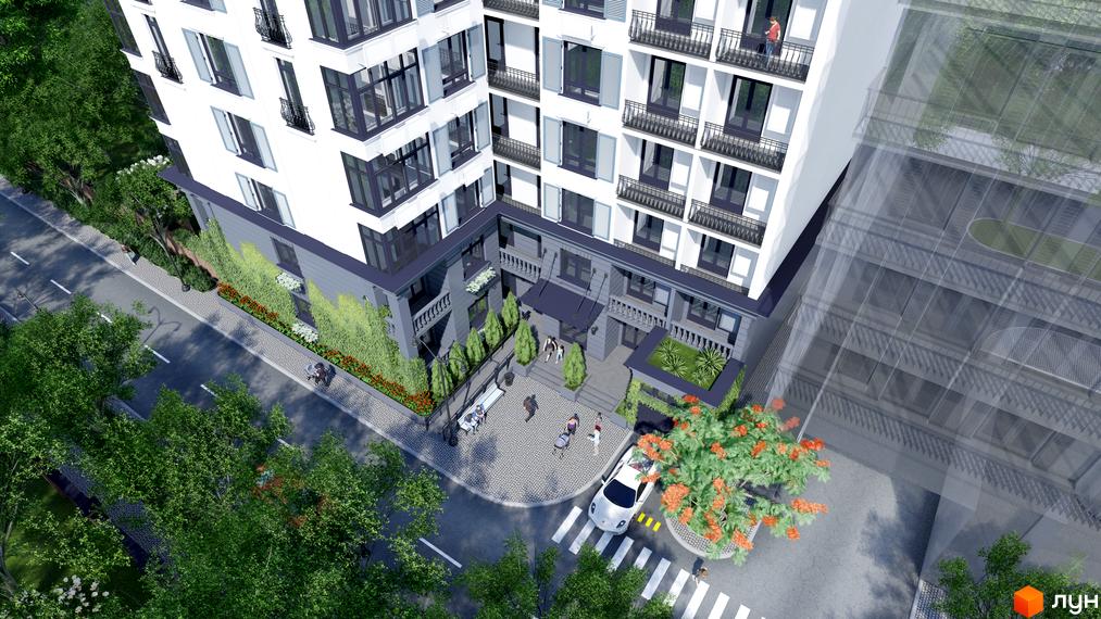 Житловий комплекс Otrada Sky з білими фасадами та балконами, розташований біля дороги з деревами та пішохідним переходом.