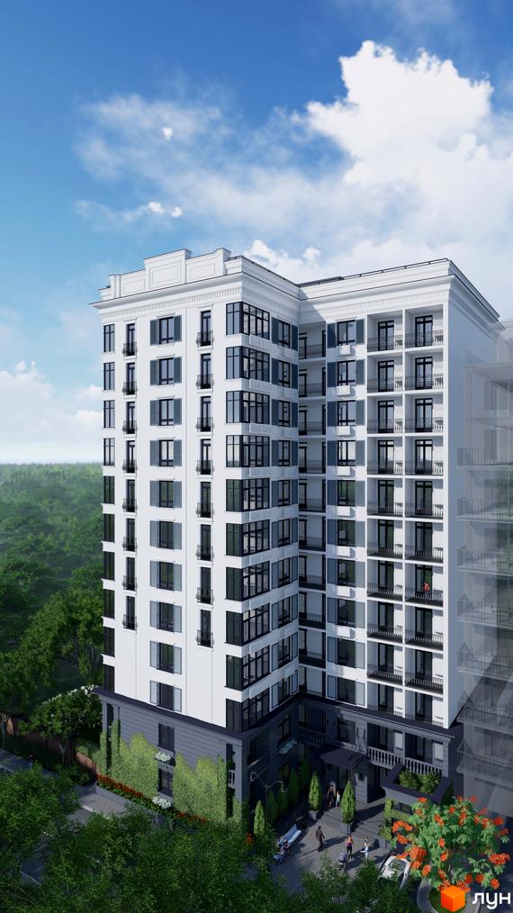 Новобудова Otrada Sky з білим фасадом та численними балконами, оточена зеленню та облаштованим подвір'ям.