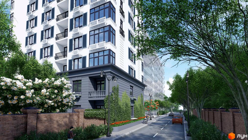 Житловий комплекс Otrada Sky з білою фасадною частиною та темними вікнами, оточений зеленню та квітучими деревами. Навколо новобудови розташована доглянута прибудинкова територія з дорогою та пішохідними доріжками.