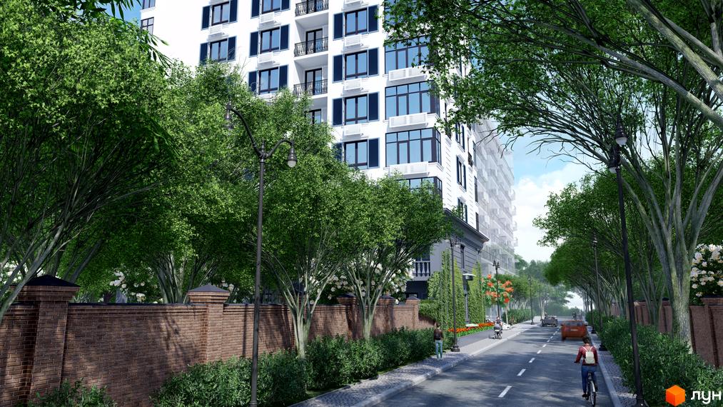 Otrada Sky - це новий житловий комплекс з білою фасадною частиною та великими вікнами, оточений зеленою зоною з деревами та цегляною огорожею.