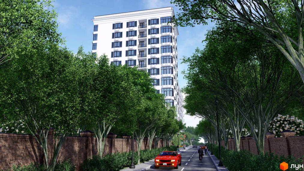 Вид на новобудову ЖК Otrada Sky з фасадом білих стін та темними вікнами, оточену зеленими деревами та цегляною стіною.