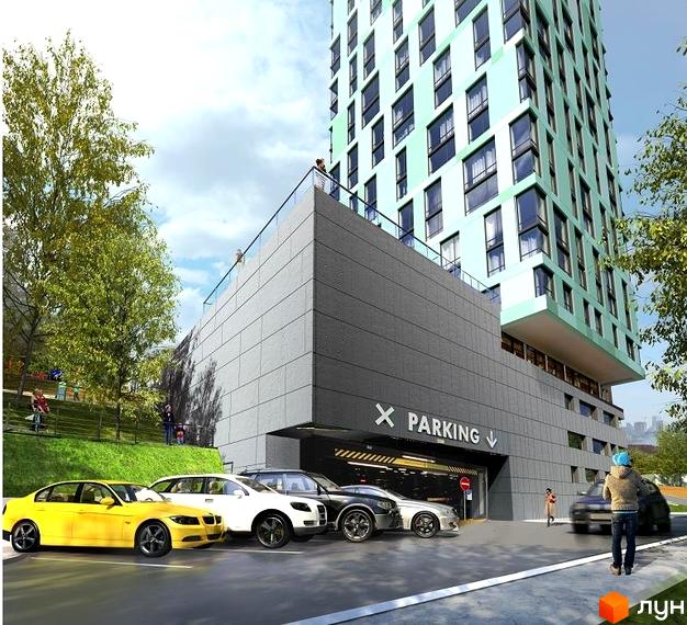 Зовнішній вигляд житлового комплексу Стиль з багатоповерховою будівлею та прибудинковою територією з парковкою та зеленими насадженнями.